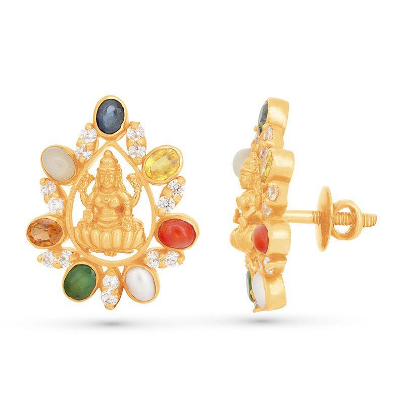 Lakshmi Navratna Stud Earrings in 22k Gold display - BellemareDugasJoaillerie