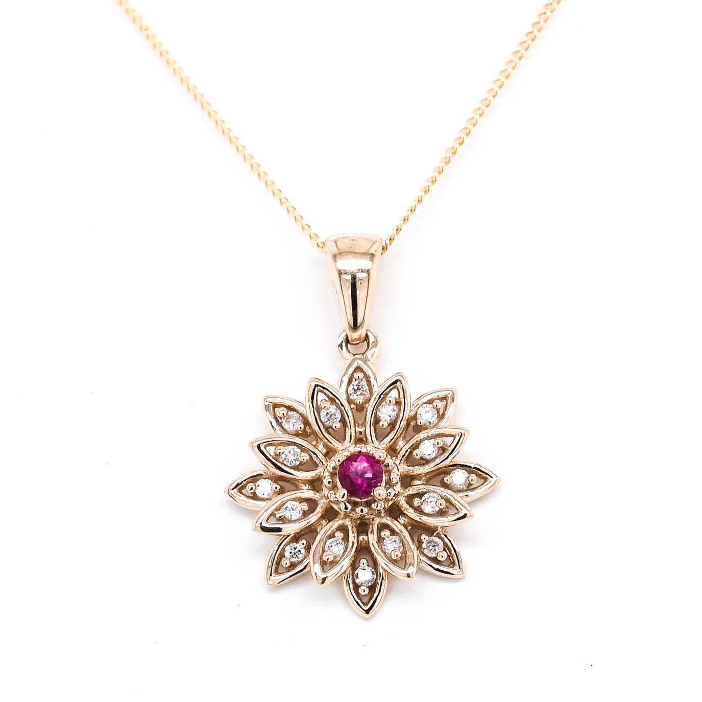 Ruby and Diamond Flower Necklace in 10k Yellow Gold - BellemareDugasJoaillerie